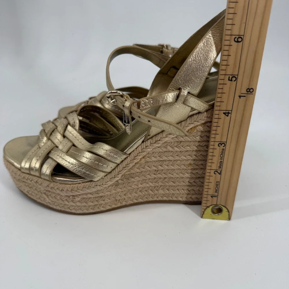 Coach Dottie Espadrille Wedge Sandals Womens 6B Gold Metallic Woven Strappy